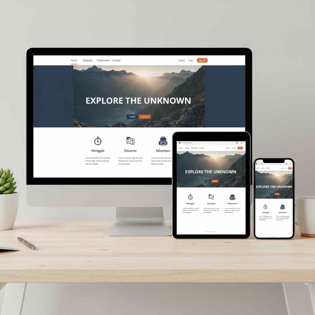 Mobile-optimized landing page layout shown on desktop, tablet, and smartphone.